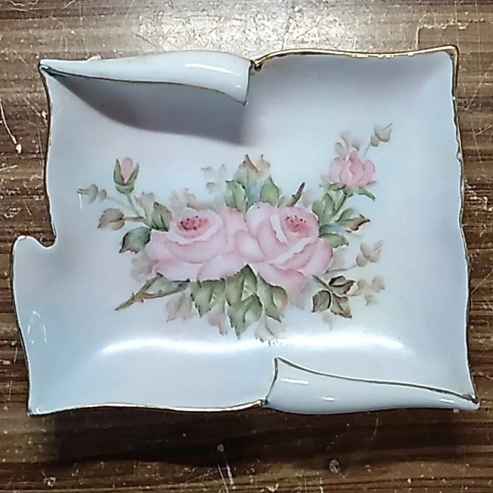Vintage Limoges Porcelain trinket tray hand painted signed 1960 ponk floral rose
